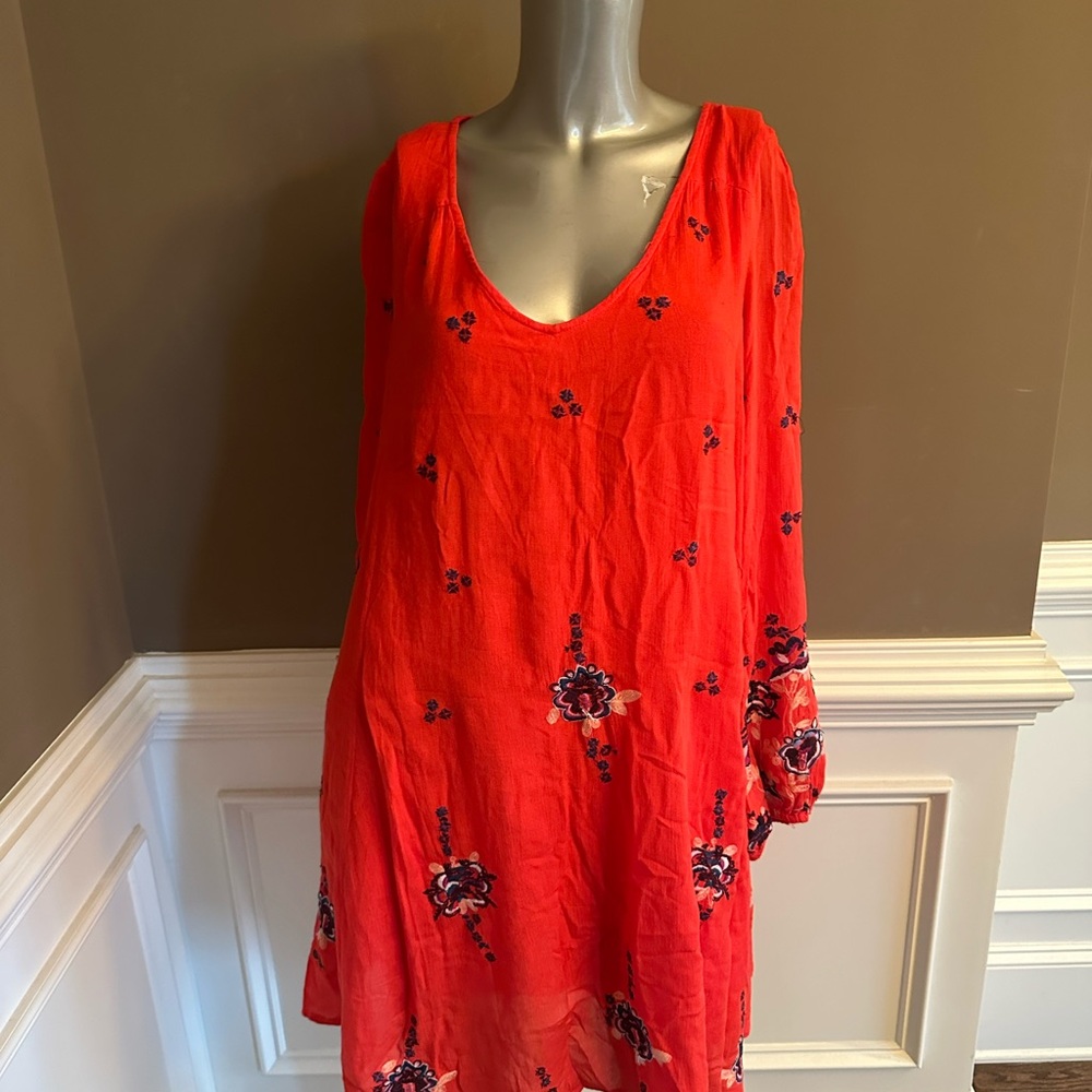 NWT FREE PEOPLE Tunic Swing Dress Boho Red Floral Embroidered Sz Large